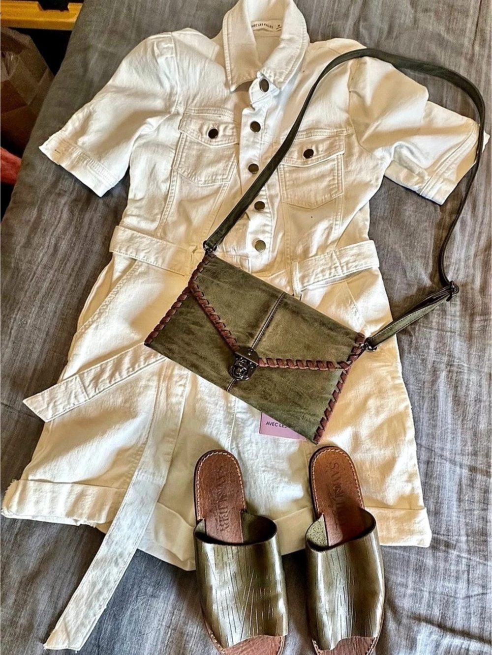 3 times: Avec Les Filles romper w crossbody and slides. Cute outfit ready to